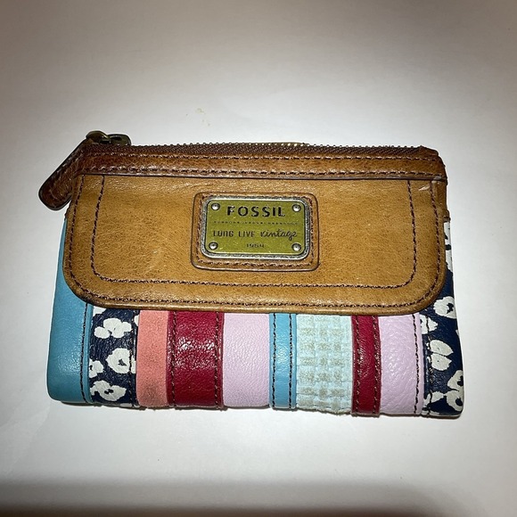 Vintage Fossil Mini Card Holder Coin Wallet Patchwork Brown Leather - Picture 2 of 13